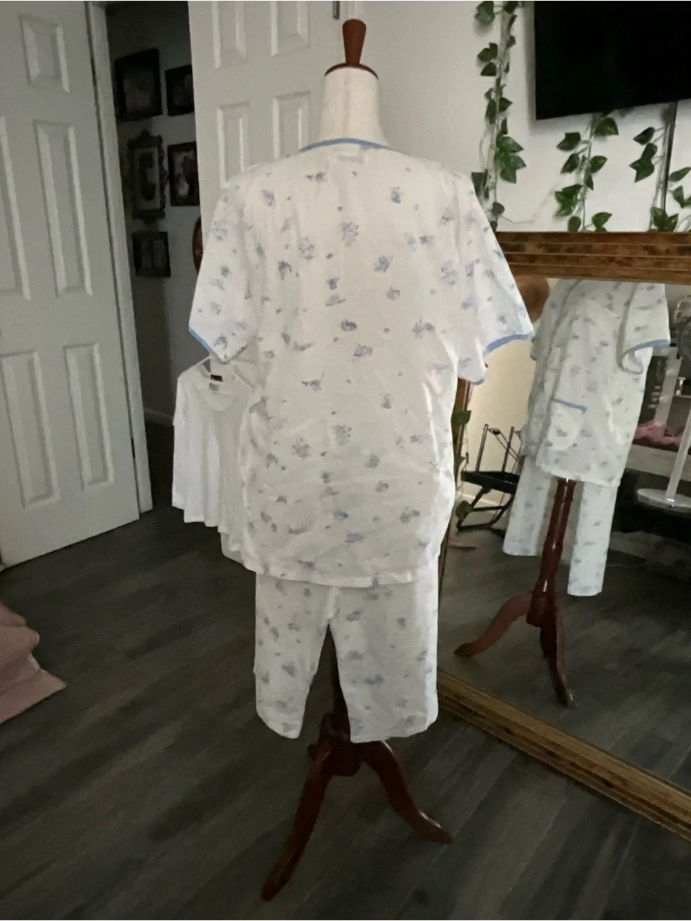 Children's White Pajama Set with Blue Trim and All-Over Print
